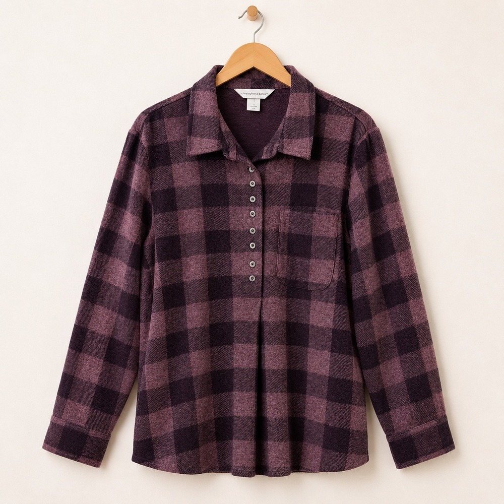 Christopher & Banks Cottage Plaid Shirt Women Large Purple Dark Academia Preppy